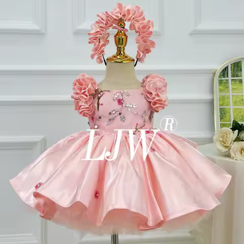 LJW Costs for Girls 2025 Children Pageant Dress Premium Satin Embroidered Lace Evening Dress Pink Girls' Natural Fluffy Princess