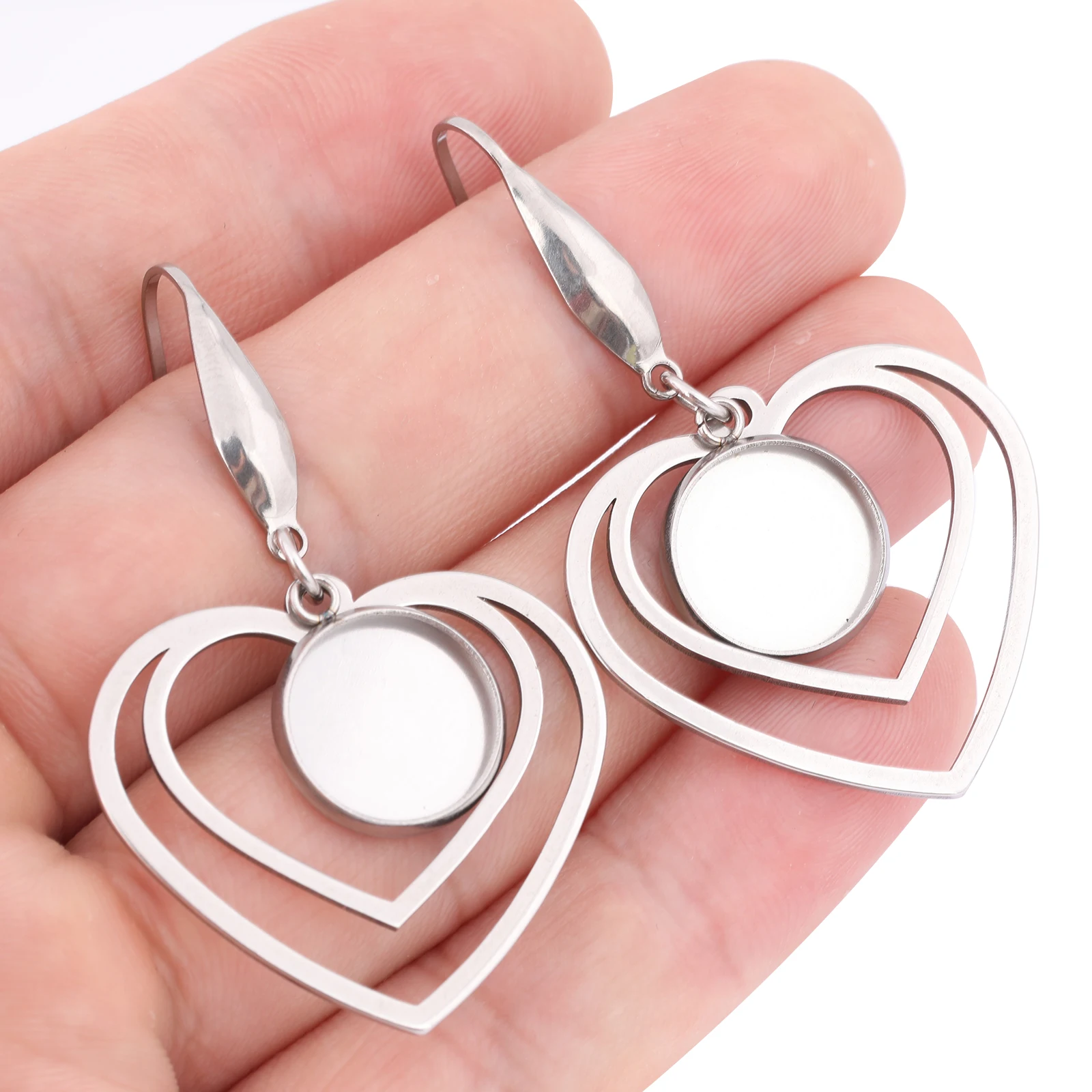 10szt Podwójne serce ze stali nierdzewnej Hoop Earring Base Findings Fit 12mm Cabochon Earring Bezel Setting Blanks Diy Supplies