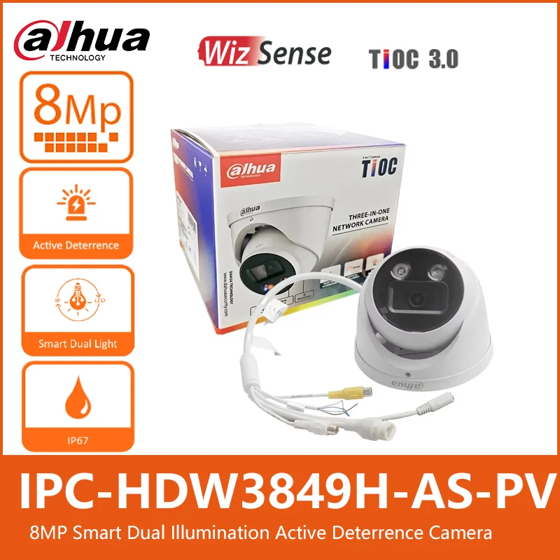 Dahua IPC-HDW3849H-AS-PV 4K 8MP Smart Dual Illumination Active Deterrence Eyeball WizSense Network Security Camera S5 Version