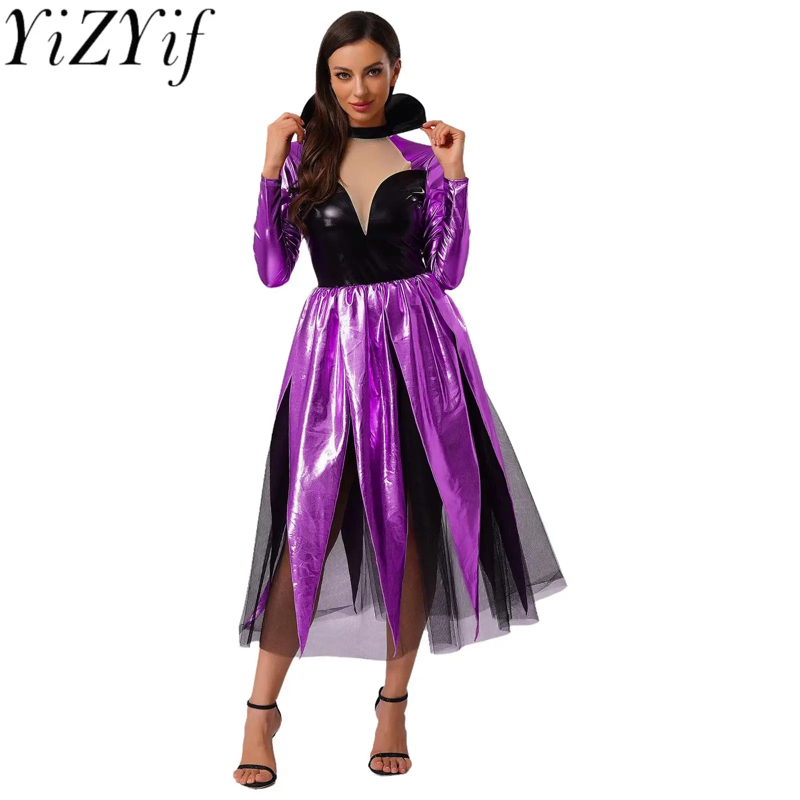 

Women Octopus Cosplay Performance Dress Metallic Fashion Purple Backless A-line Dress Fancy Octopus Halloween Party Dress-up