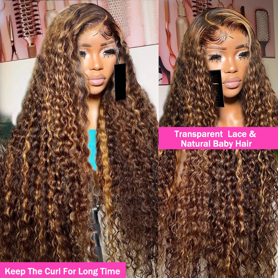 

30 40 Highlight Deep Wave Hd Lace Frontal Wig 13x6 Honey Blonde Human Hair Wig Brazilian #4/27 Wet And Wavy Curly Wigs For Women