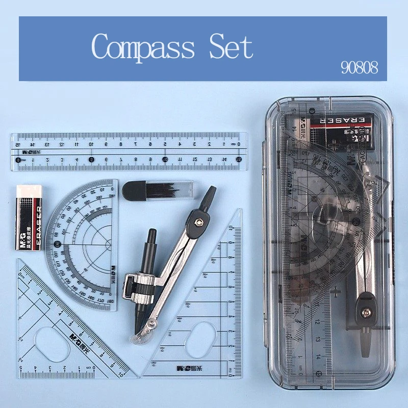 

Набор для черчения M&G: циркуль, линейка, треугольник, транспортир, ластик, карандаш для рисования, экзаменов и учебы