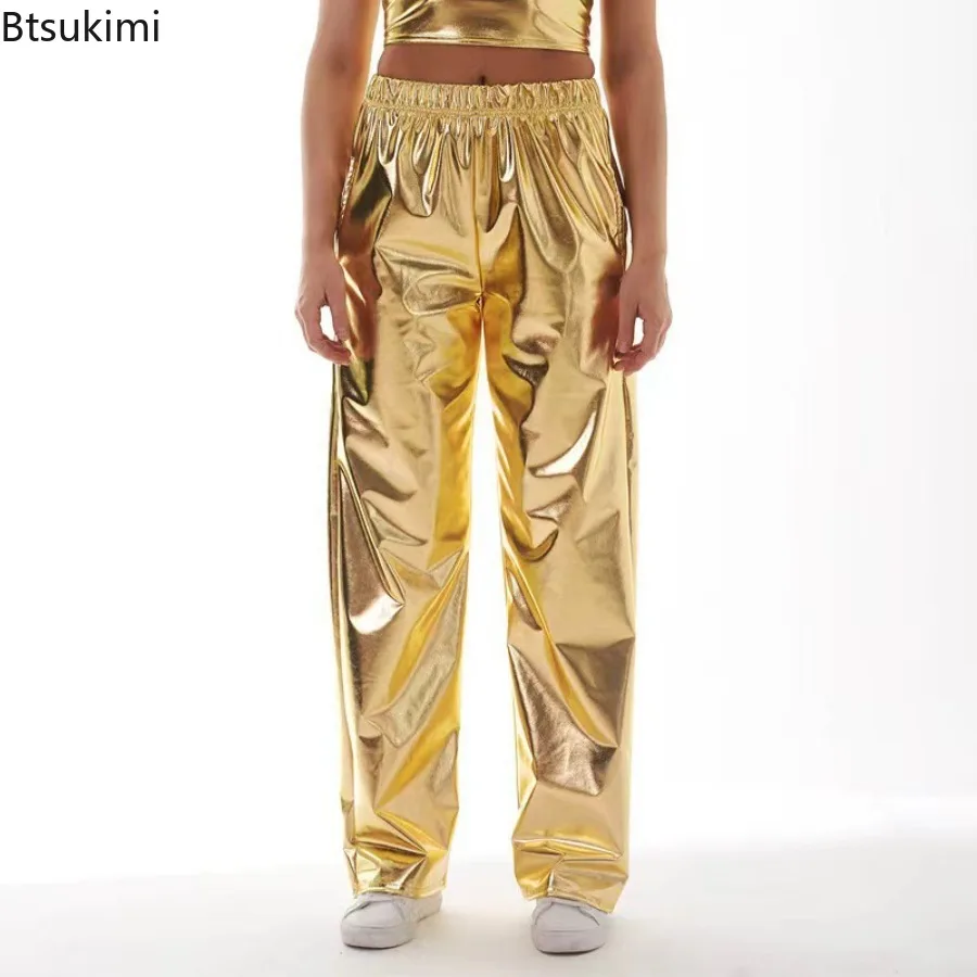 

New Fashion Men and Women Gradient High Waist Straight Pants Loose Casual Elastic Patent Leather Pants Hip Hop Party Streetwear