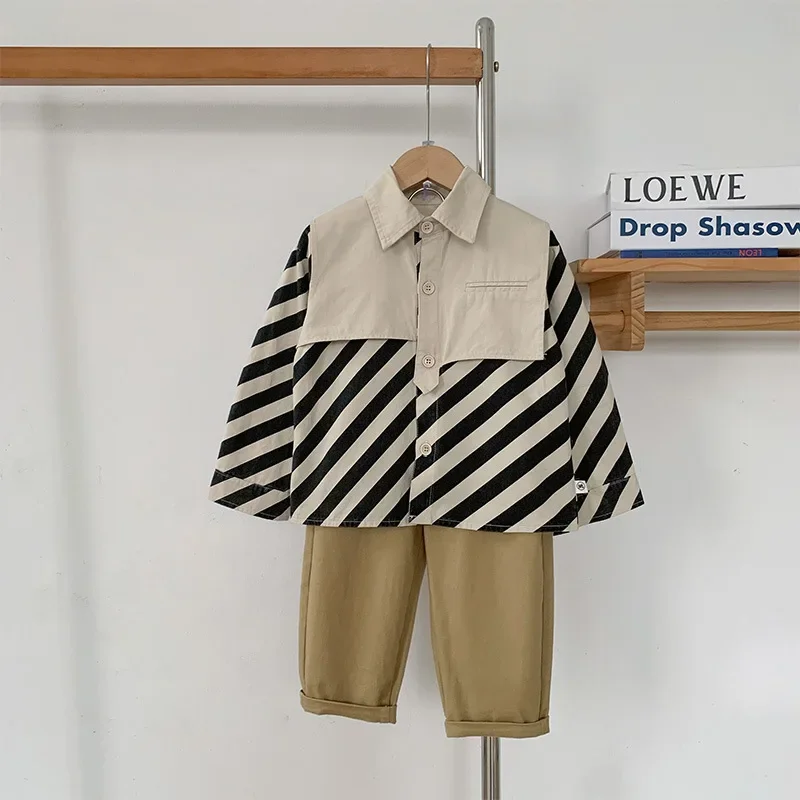 2023 Early Spring New Children\'s Clothing Korean Style Irregular Shirt Boys Handsome Stitching Striped Shirt