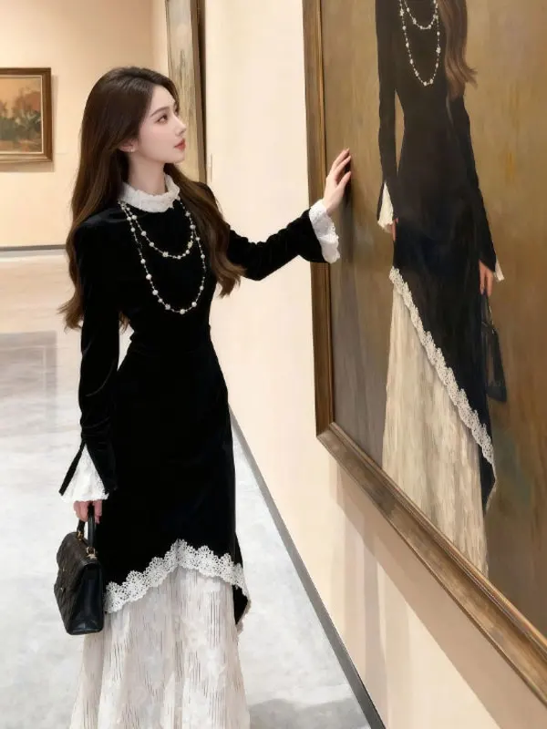 

Ретро китайское бархатное платье Dr Bla с кружевным дизайном и талией, длинное зимнее вечернее платье для женщин