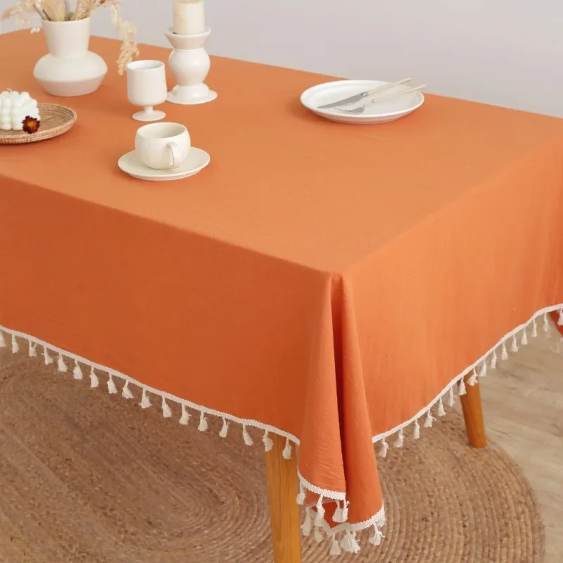 

Cotton Linen Solid Orange with Tassel Rectangular Table Cloth Kitchen Table Map Towel Tablecloth for Coffee Table Cover