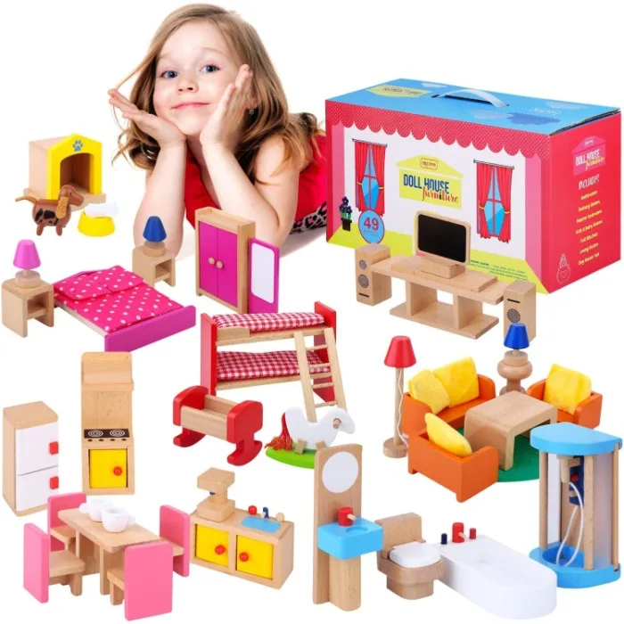 Premium Wooden Dollhouse Furniture Set –49PCS, 7 Rooms– Doll House Furniture and Accessories Set