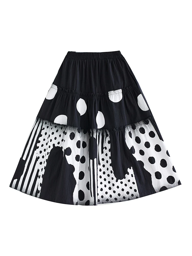 Black Vintage Polka Dot Print High Waist Skirt Women New Korean Fashion Loose Casual Midi Skirts Clothes Summer Autumn 2023