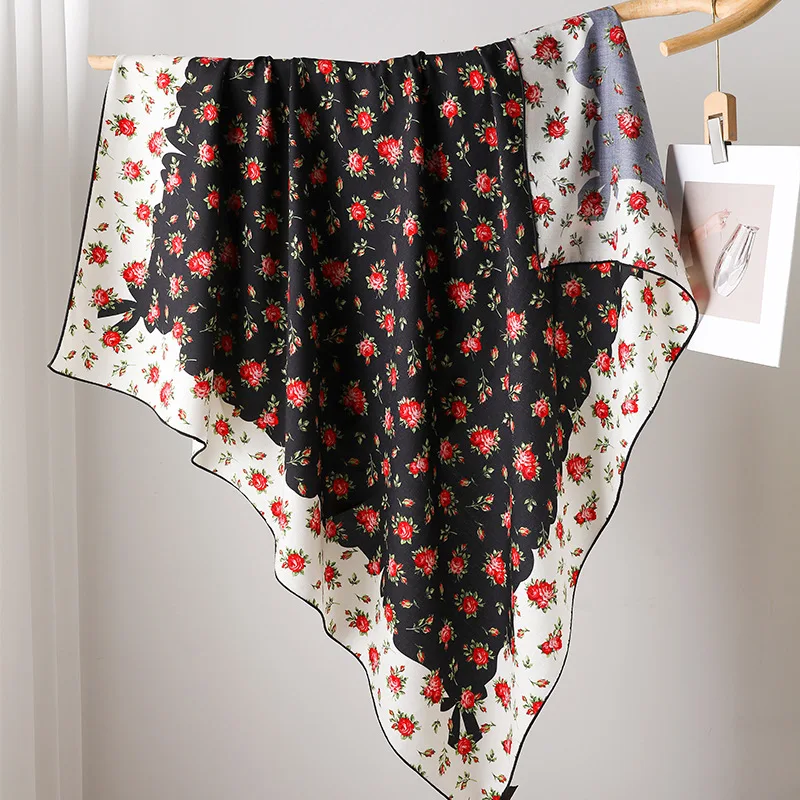 70% Wool 30% Silk Neck Scarf Women Vintage Red Rose Floral Square Scarf Black‑White Flower Print Bandana Neck Head Scarf