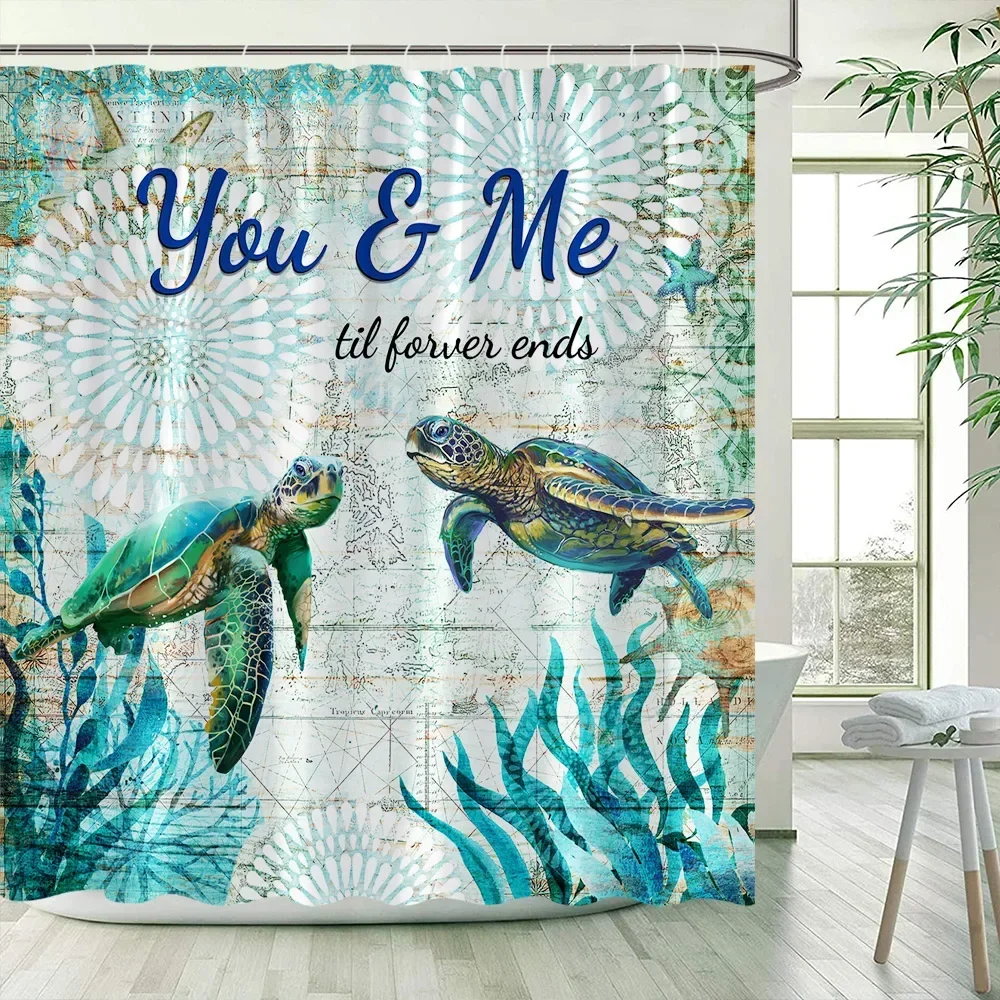 Sea Turtle Shower Curtains Ocean Animals Seaweed Vintage Nautical Map Modern Polyester Fabric Bathroom Curtain Decor with Hooks