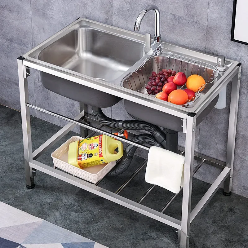 304 Stainless Steel Double Kitchen Sink with Bracket and Shelf Vegetable Basin Dish Washing Pool for Home Use