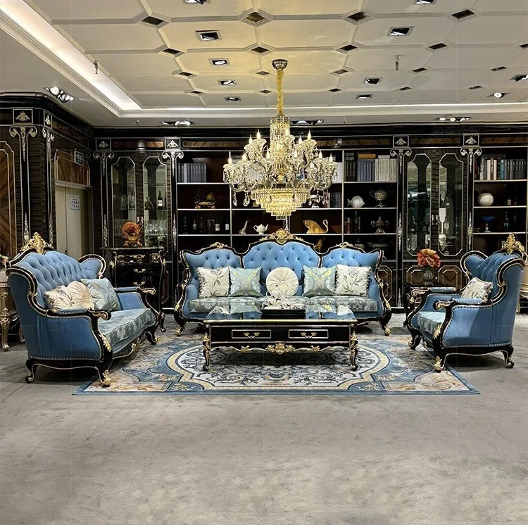 gj-French Style European Style Solid Wood Sofa Set with Flannel Cover Custom-made Blue Living Room Sofa Furniture#