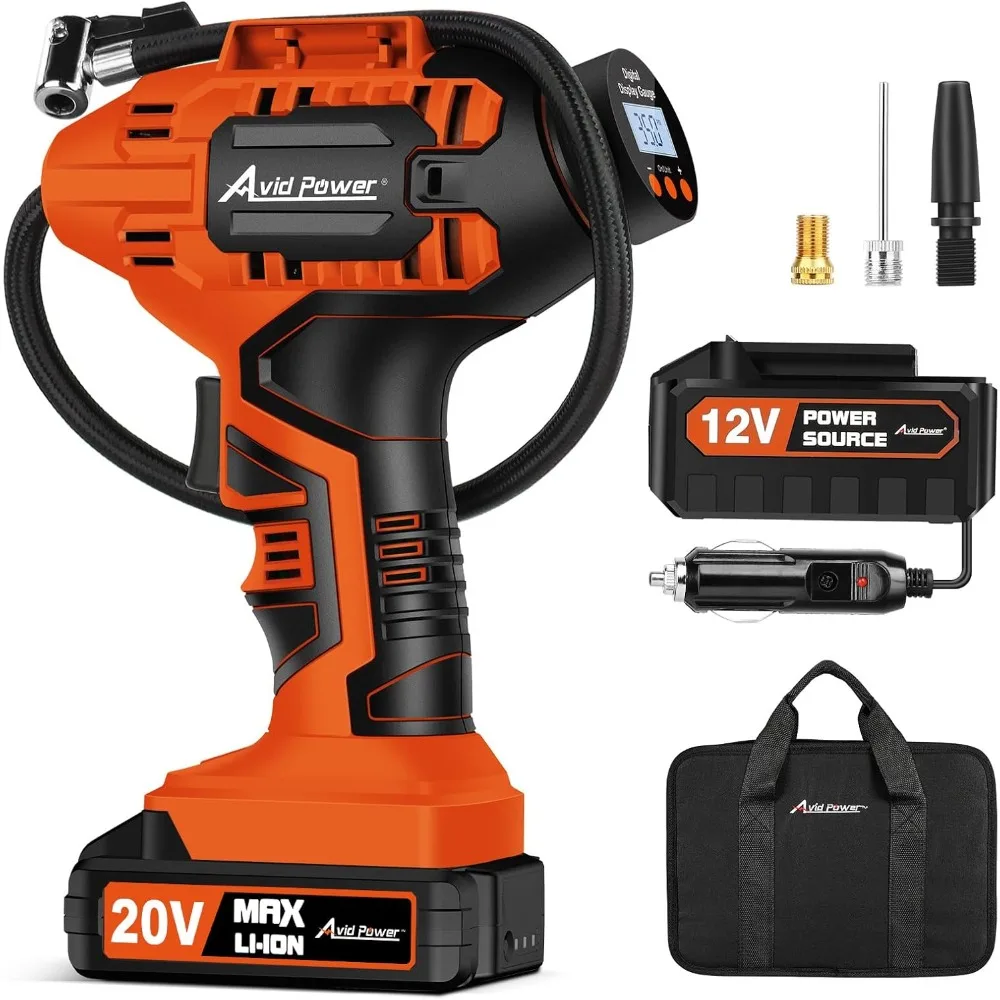 

Avid Power Tire Inflator Portable Air Compressor, 20V Cordless Rechargeable Battery Tire Pump w/ 12V Car Power Adapter, Digital