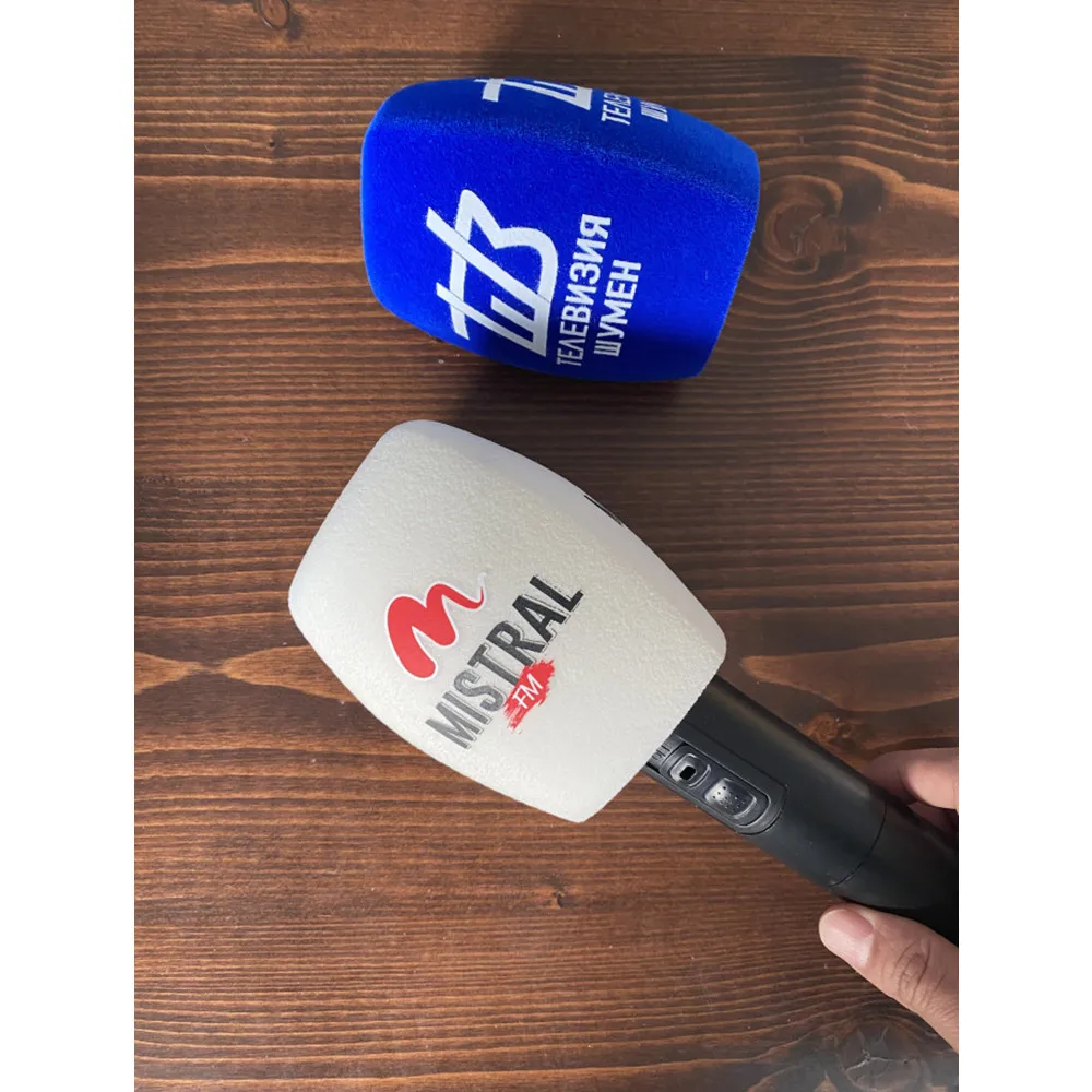 Customized Flocking Microphone Sponge Printing Logo Mic Windscreen Mark Foam Cap Windsshield For TV Stations Reporters Interview