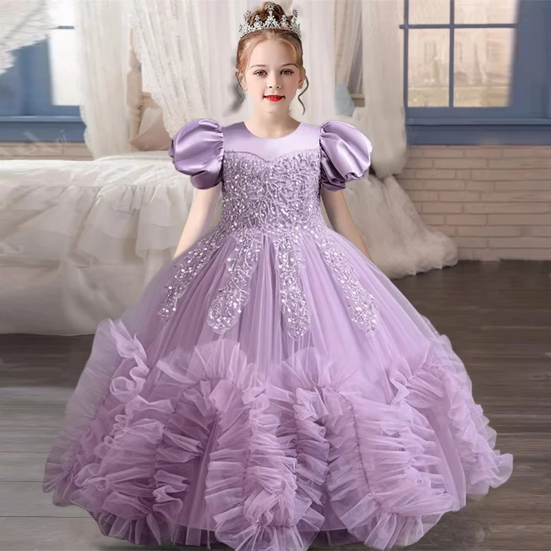 Girls Performance Princess Dress Mesh Tutu Handmade Beaded Mullet Sleeve Gown Host Birthday Dancewear