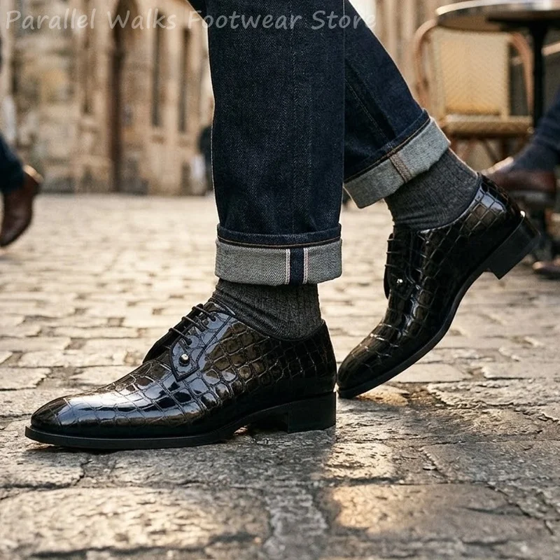 Men Patent Leather Oxford Shoes Crocodile Pattern Lace Up Dress Shoes Formal Party Wedding Footwear Shiny Flat Derby Oxfords view 3