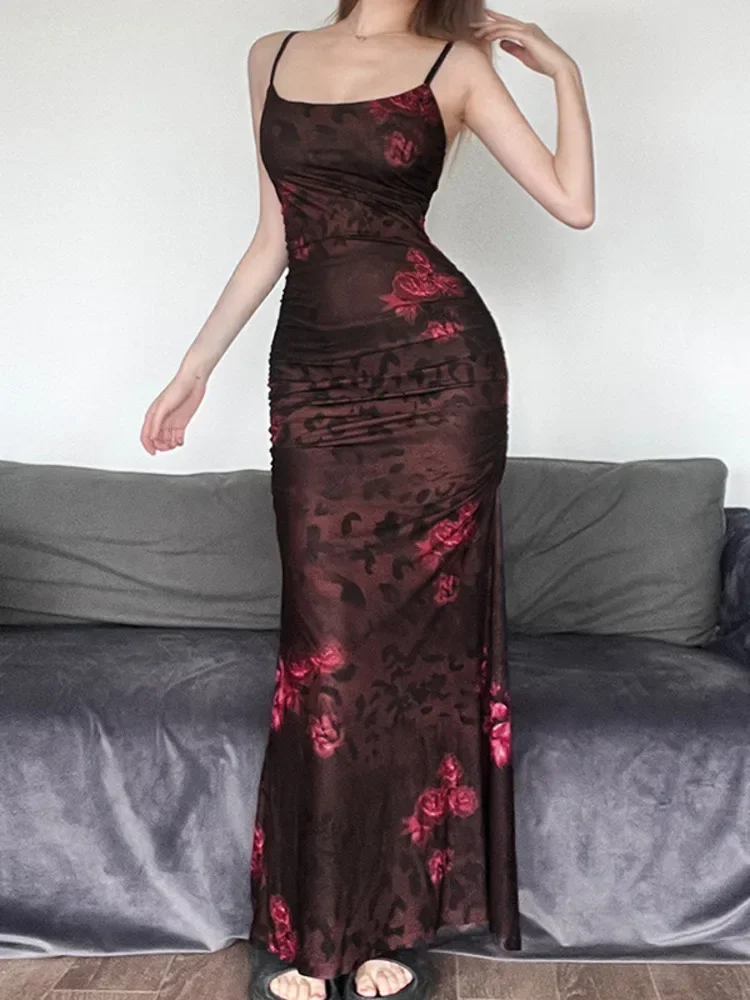 XIAOTANG elegancki pasek Spaghetti drukuj Maxi sukienka dla kobiet 2024 lato nowy bez rękawów Backless obcisła długa sukienka Vestidos