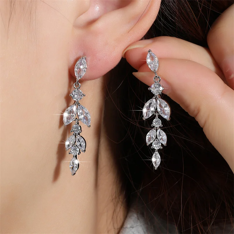 ZAKOL Elegant Leaf Cubic Zirconia Drop Earrings for Women Shiny CZ Bridal Long Earring Wedding Stylish Jewelry
