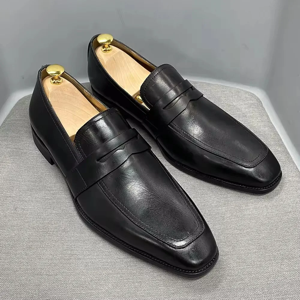 Classic Simple Italian Style Loafers Cowhide Business Formal Shoes Genuine Leather Office Shoes for Men