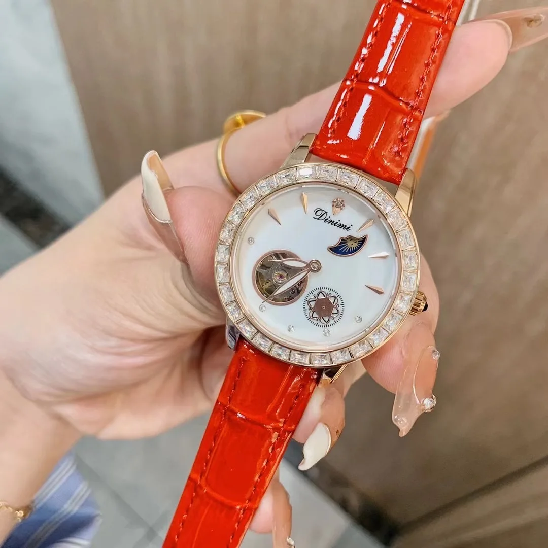 

Skeleton Women Self-winding Mechanical Watches Shining Crystals Moon Phase Wrist watch Leather Strap Automatic Watch Waterproof