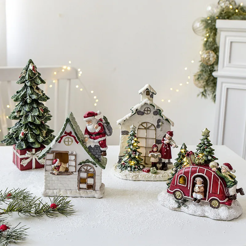 

New Products Christmas Decoration Mini Navidad tree tabletop Ornament Glass music box Luminous Resin House Christmas gifts 2024