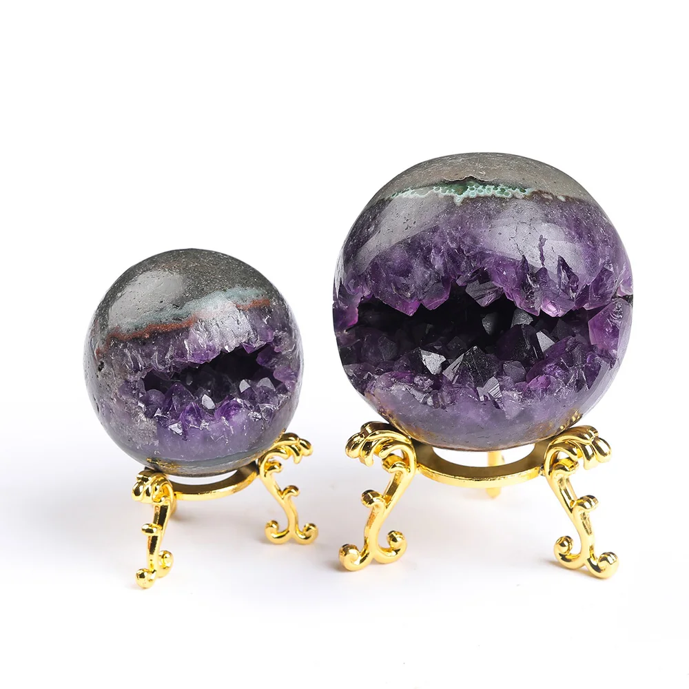 Natural Amethyst Druzy Geode Crystal Ball Opening Smile Sculpture Sphere Healing Mineral Specimen Collectibles Decoration