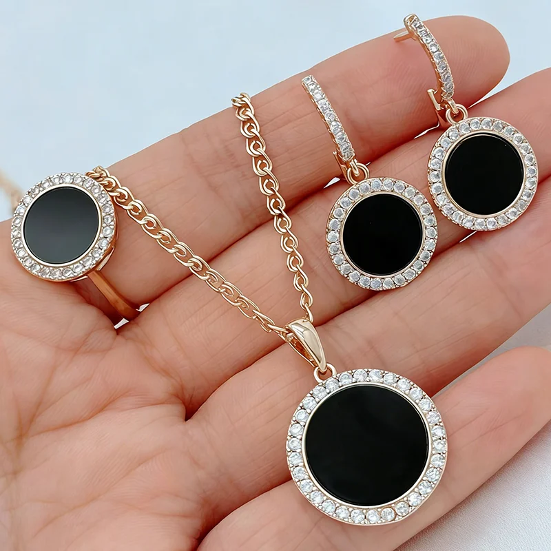 

Kinel Hot 585 Rose Gold Color Black Stone Ring Earrings Necklace for Women Fashion Natural Zircon Accessories Daily Jewelry Sets