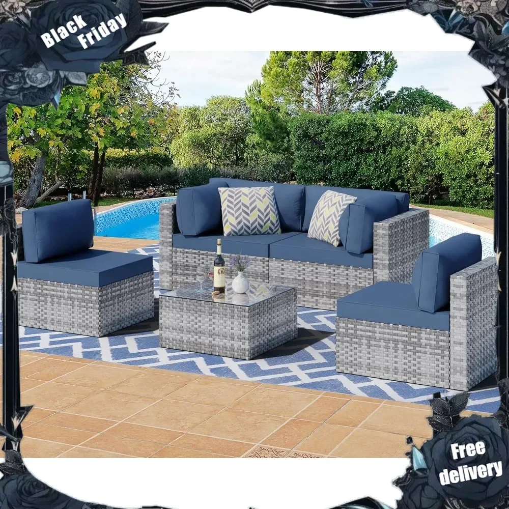 5 Pieces Outdoor Patio Sectional Sofa Couch, Silver Gray PE Wicker Furniture Conversation Sets with Washable Cushions