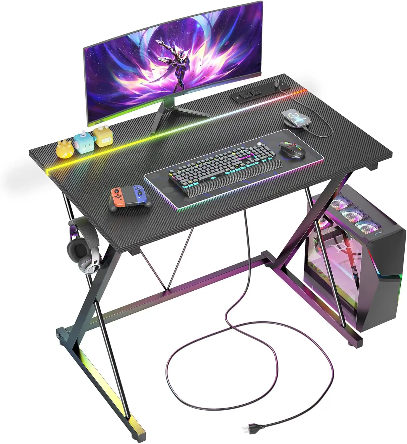 

Gaming Desk With Power Outlets & Led 32 H Ergonomic Computer Carbon Fiber Surface Gamer Desk, Pc Workstation With Headphone