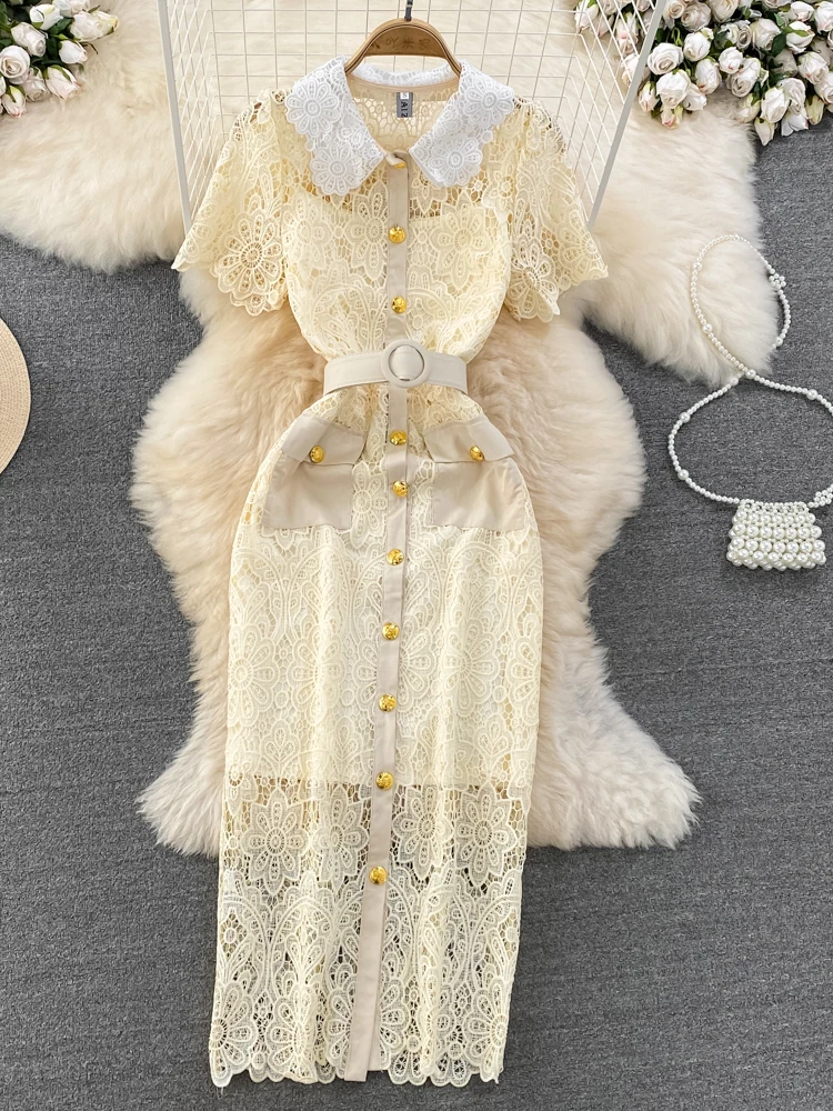 Ele Lace ort Sve Doll Collar Slimming Hollow out Hebe Sle Dr High Waist A-Line Skirt Korean Sle Commute Dr