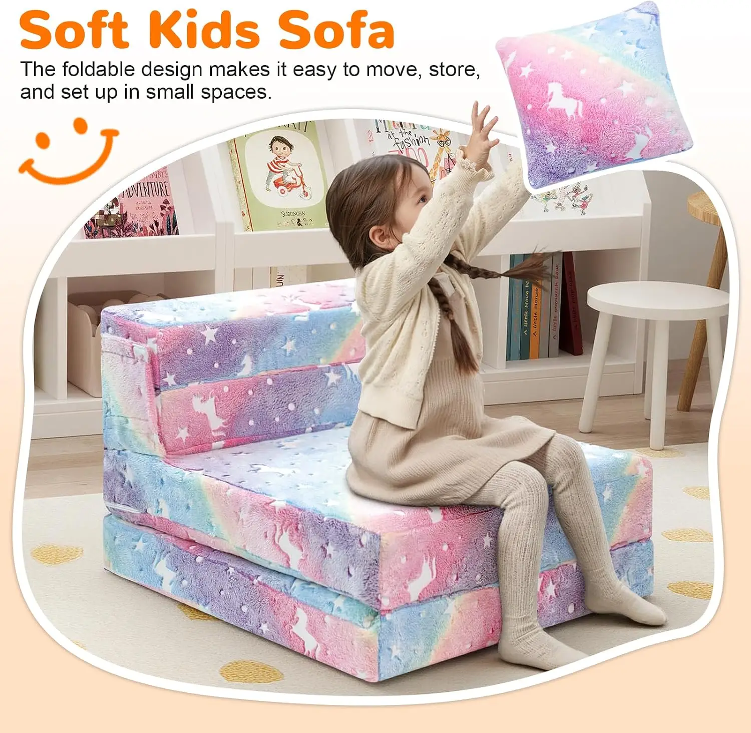 8 Inch Glow Rainbow Unicorn Kids Floor Mattress, Trifold Convertible Sofa Bed for Children