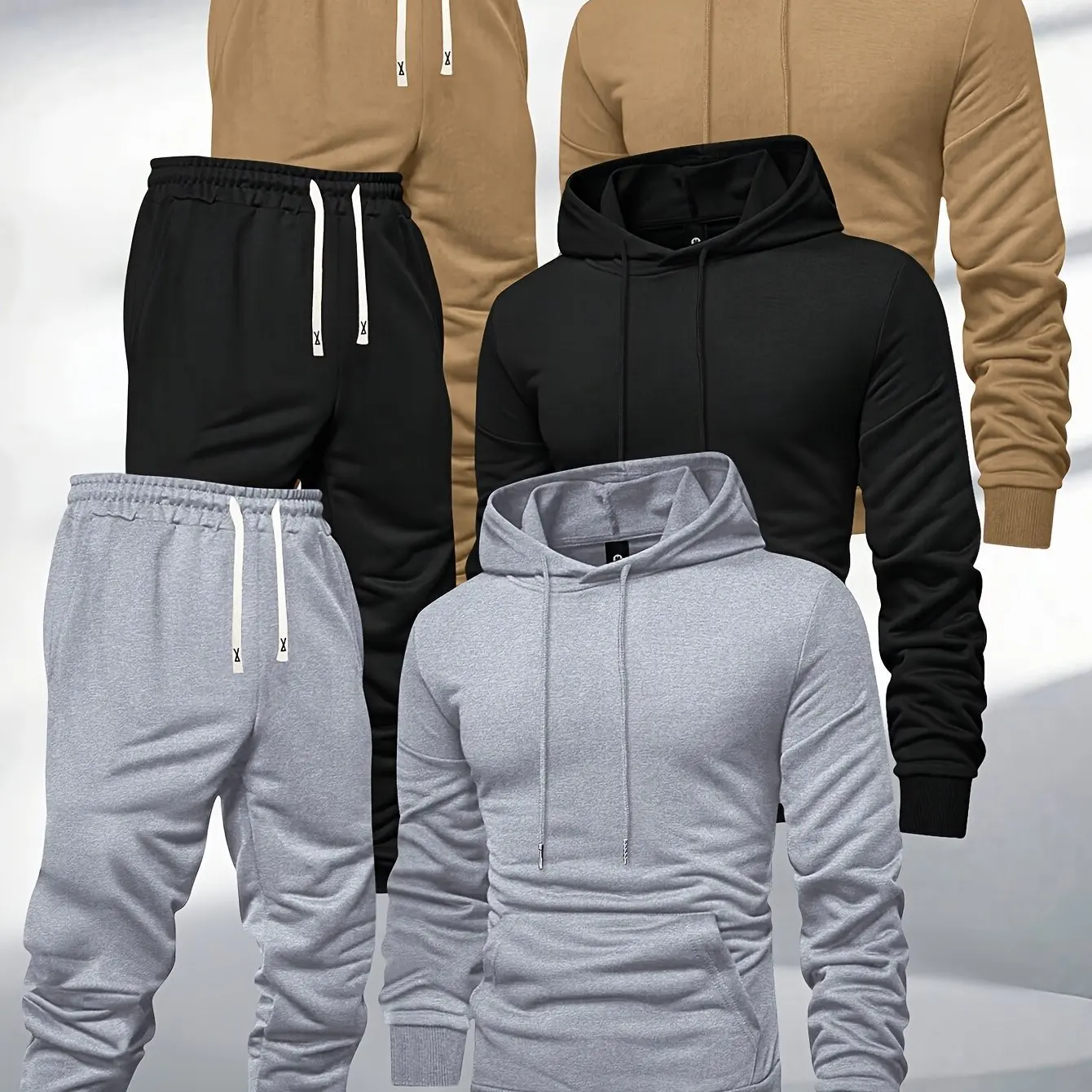 Herren 3-Teiliges Trainingsanzug-Set Einfarbiger Pullover-Hoodie Sweatshirt Jogginghose Frühling Herbst Lässige Sportbekleidung Locker Sitzendes Alltags-Outfit für Männer – Detail 9