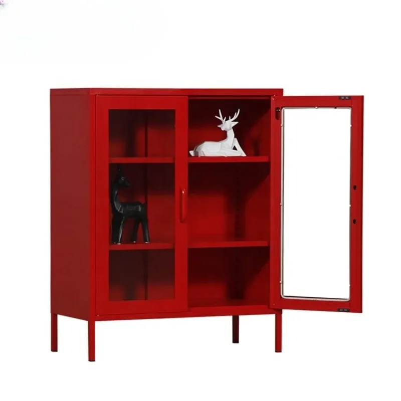 Red Buffet Sideboard China Home Furniture Factory Server Curio Display Glass Doors Metal Cabinet