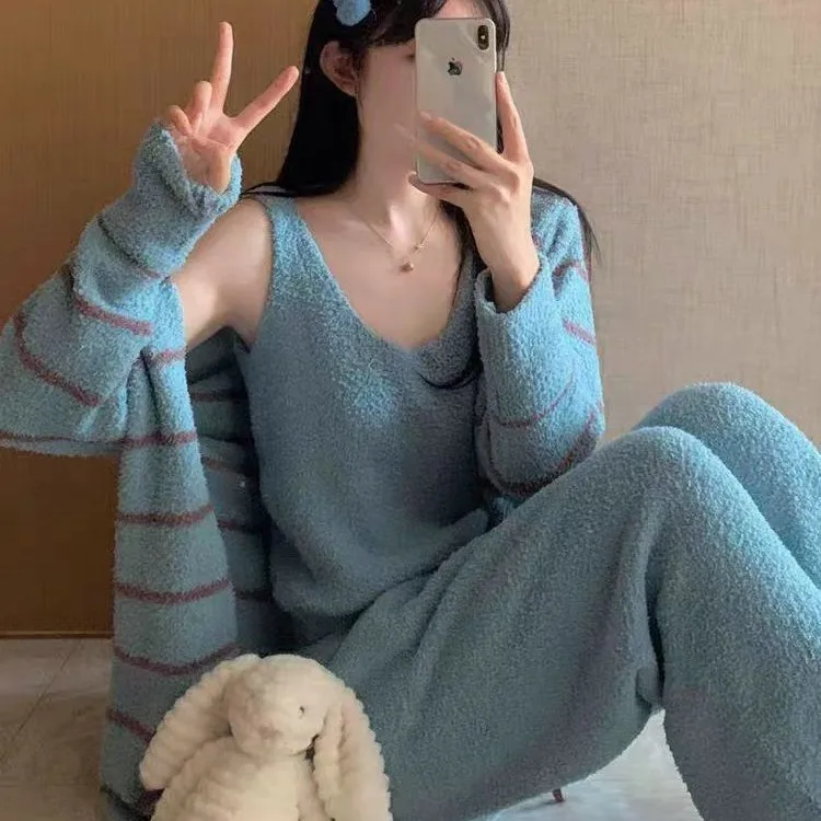 الأزرق نصف الصوف شريط مجموعة سترة سميكة سترة سترة + بنطلون 3 قطعة مجموعة 2026 الخريف/الشتاء المرأة ملابس المنزل منامة