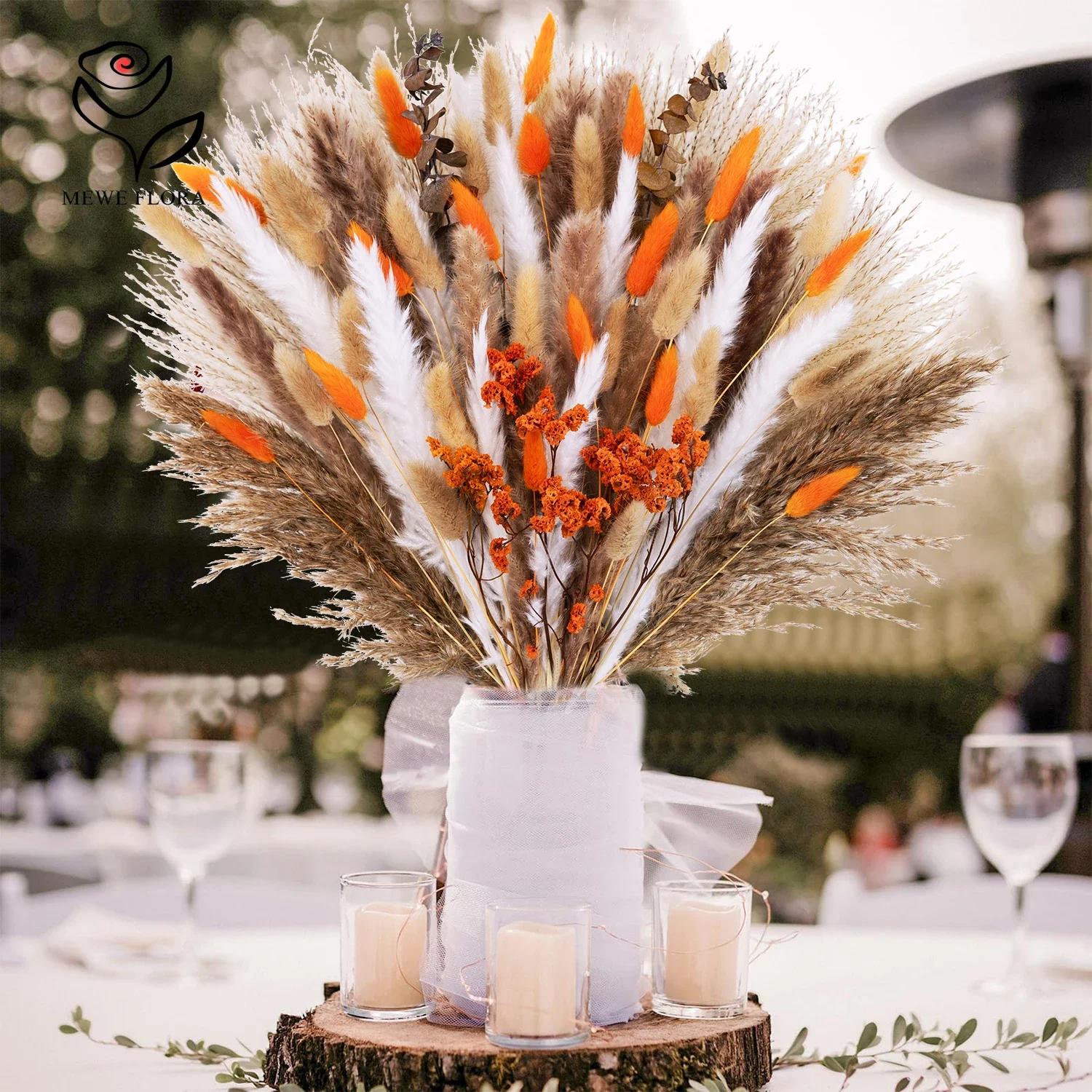 90 Pezzi Decorazione Pampa Secca Coda di Coniglio Arancione Erba Fiori Bouquet di Reed per Boho Matrimonio Casa Tavolo Rustico Decorazioni per Feste