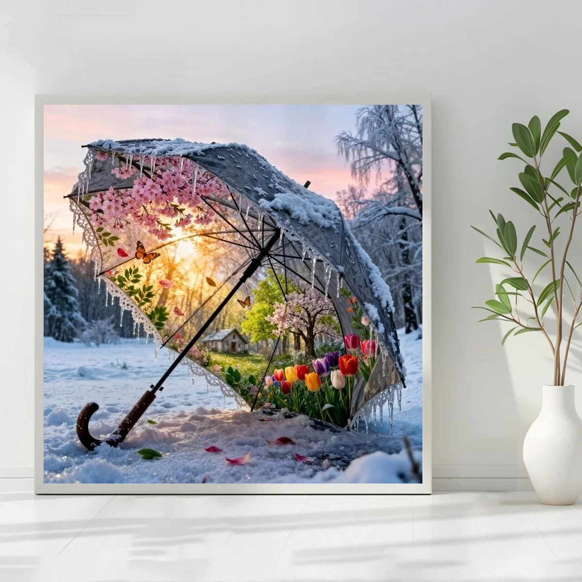 1 Stück 50x50cm/19,69 Zoll, 11Ct/14Ct Kreuzstich-Set, DIY Valentinstagsgeschenk, Stickerei-Set für Festlichkeiten, Blumen-Schirm-Schneelandschaft – Detail 3