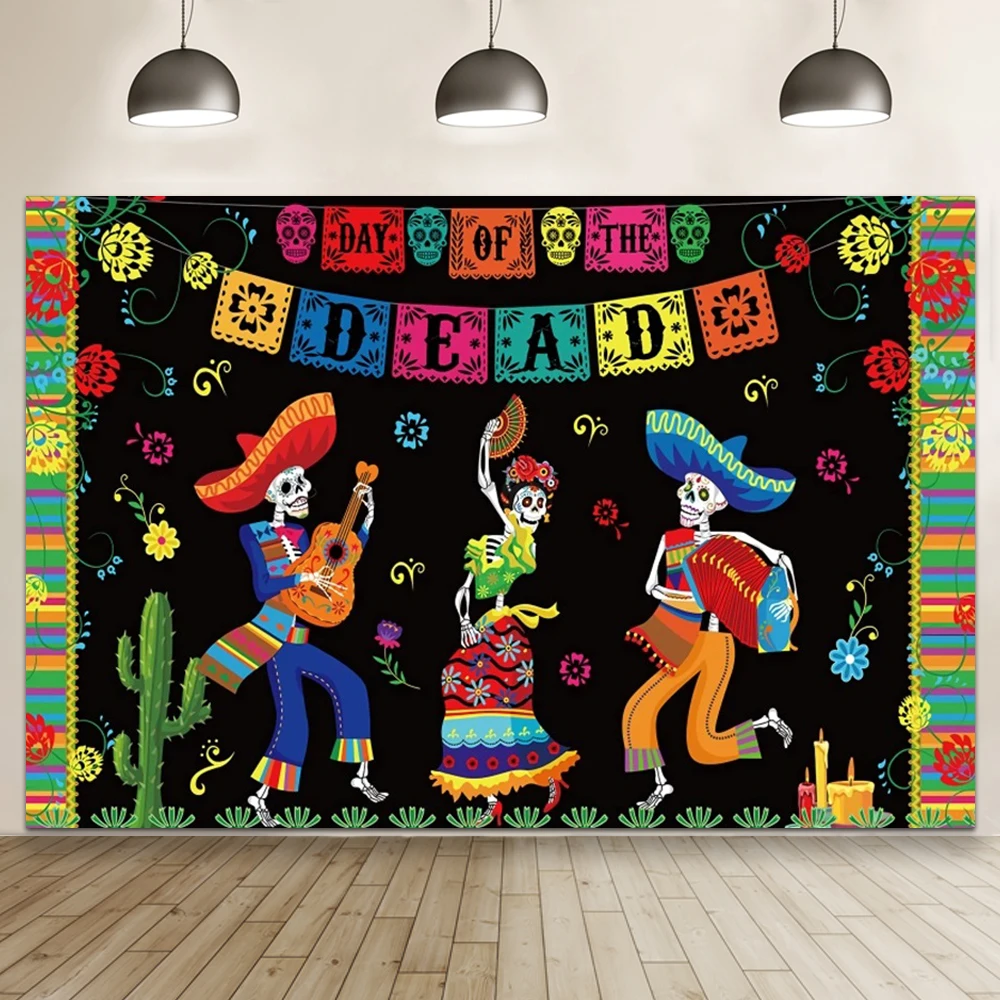 Mexican Day of the Dead Background Dancing with the Undead Carnival Colorful Flower Skull Photography Backdrop Home Decor Banner