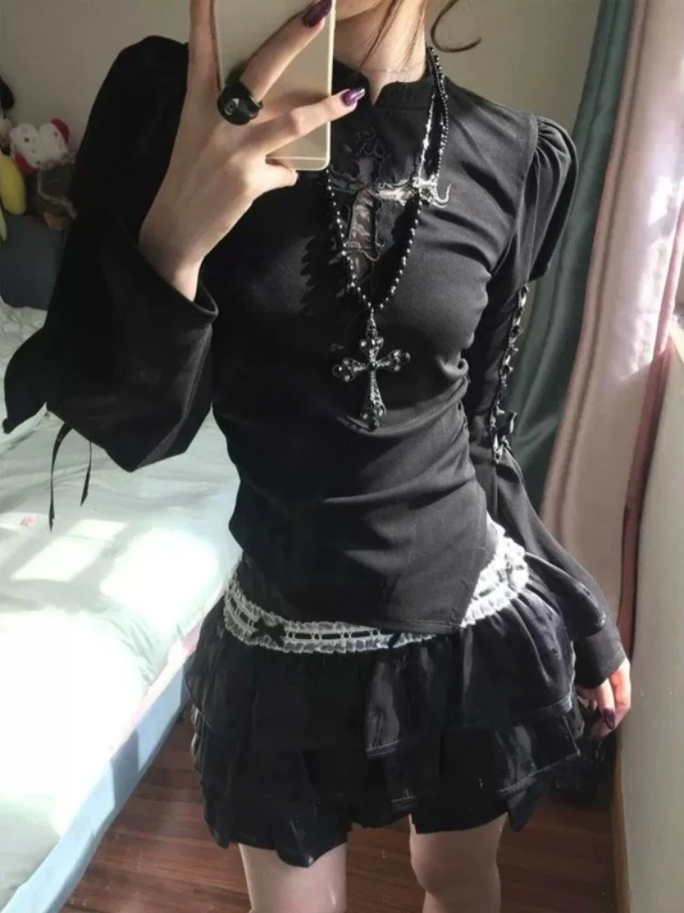 Gothic Dark Lace Cross Decor Irregular T-shirts Women Y2k Subculture Slim Tees Autumn Punk Vintage Fashion Long Sleeve Tops New