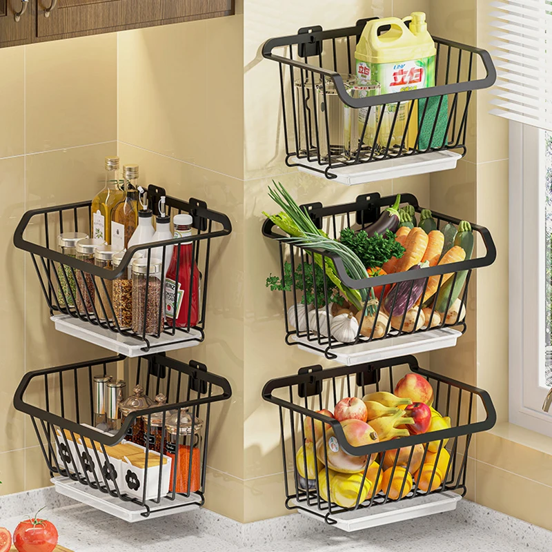 

Kitchen Storage Basket Wall Hanging Fruit Vegetables Storage Rack Stainless Steel Drain Basket Spice Rack Kitchen Organizer