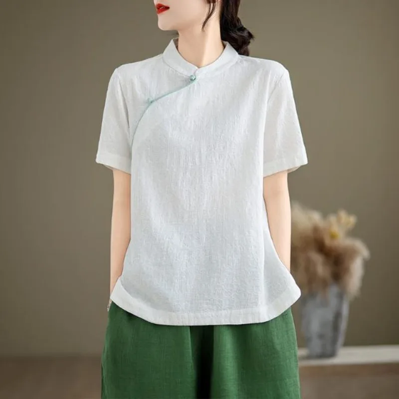 

Женская блузка в китайском ретро-стиле из льна и хлопка с воротником-стойкой, на пуговицах, с коротким рукавом, повседневная, для чаепития