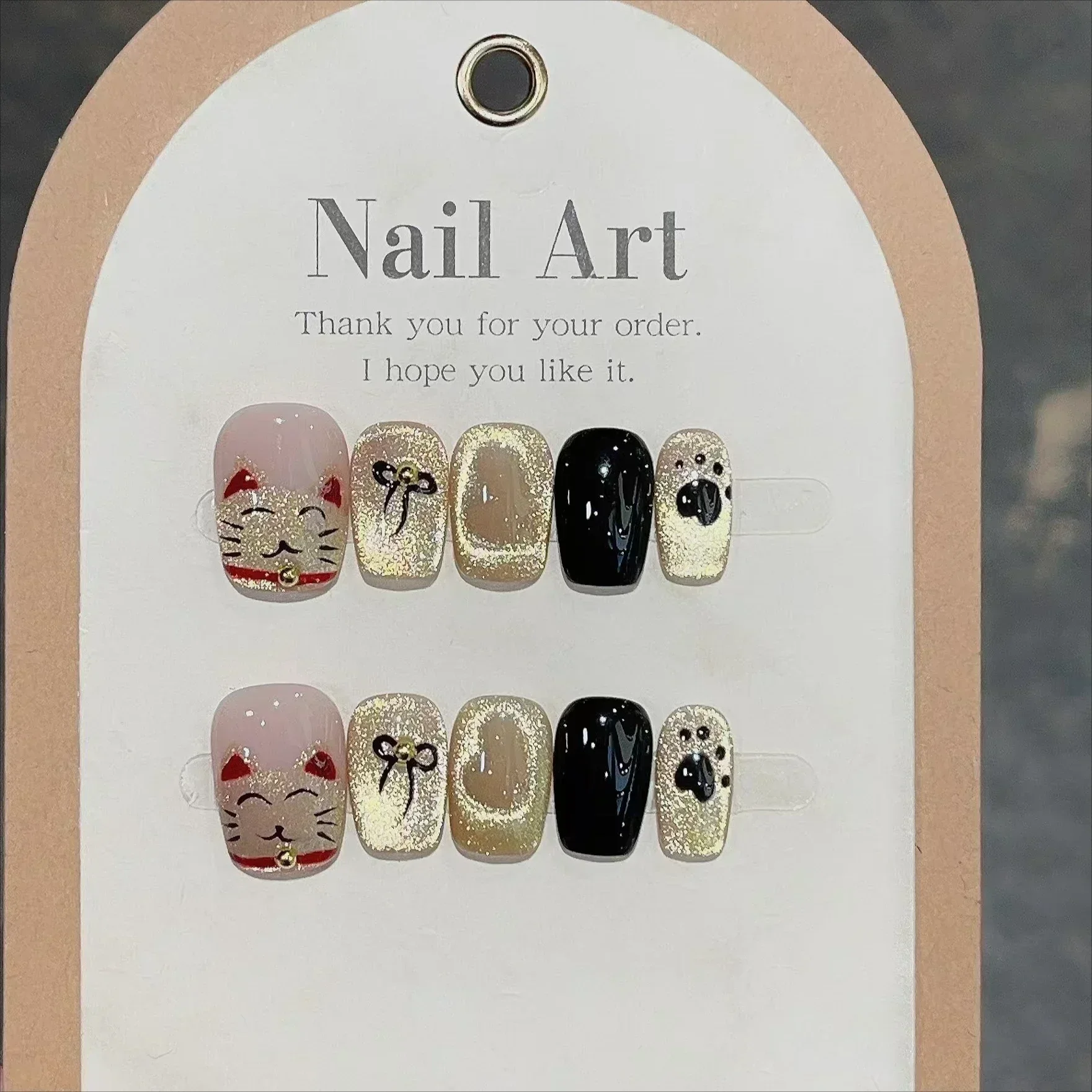 10Pcs Red Cat Eye Handmade Press on Nails Flower Fake Nails Wearable Stick-on Nails Full Cover False Nail Uñas Postizas 네일팁