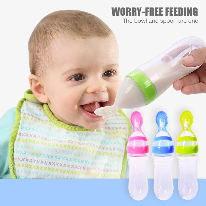 Silicone Spoon Squeeze Rice Paste Fruit & Vegetable Puree， Silicone Spoon Feeder ，Simple Squeeze，Baby Squeeze Feeding Spoon