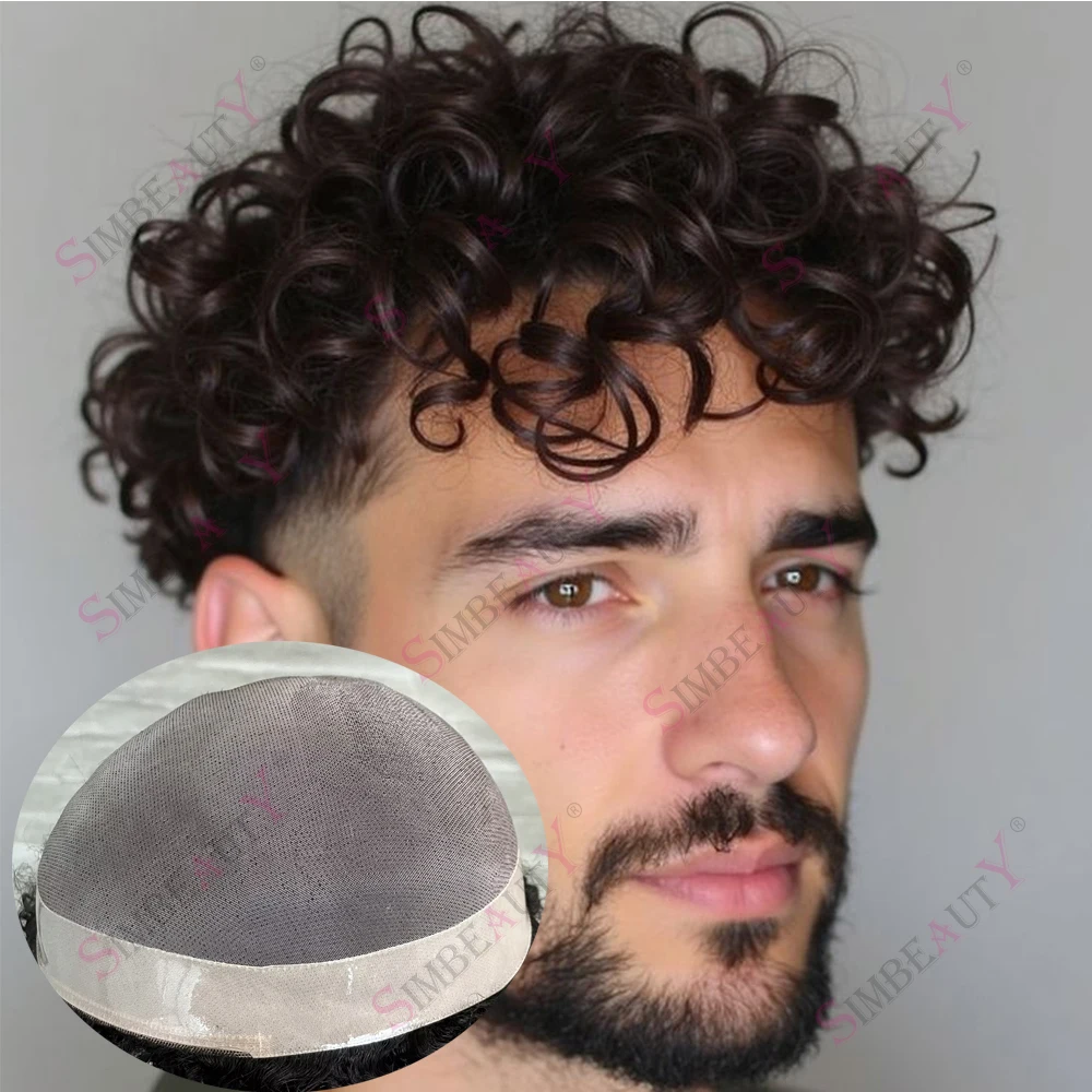

20MM Curly Men's Wig Chocolate Brown Human Hair Super Durable Fine MONO Lace Toupee Black Hair Unit Replacement System Pieces