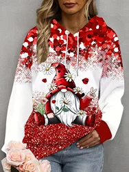 Vintage Women's Hooded hoodies Christmas Snowman Pattern Streetswear Polyester Knit Fabric Tops Casual Pullover Women's Clothing