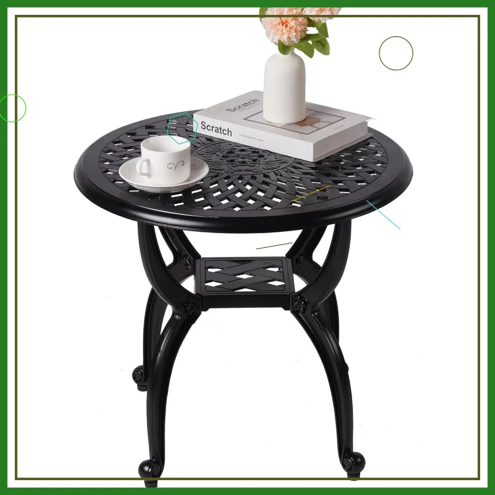 

Round Black Cast Aluminum Outdoor Side Table, Small Patio Coffee Table for Garden Balcony All Weather