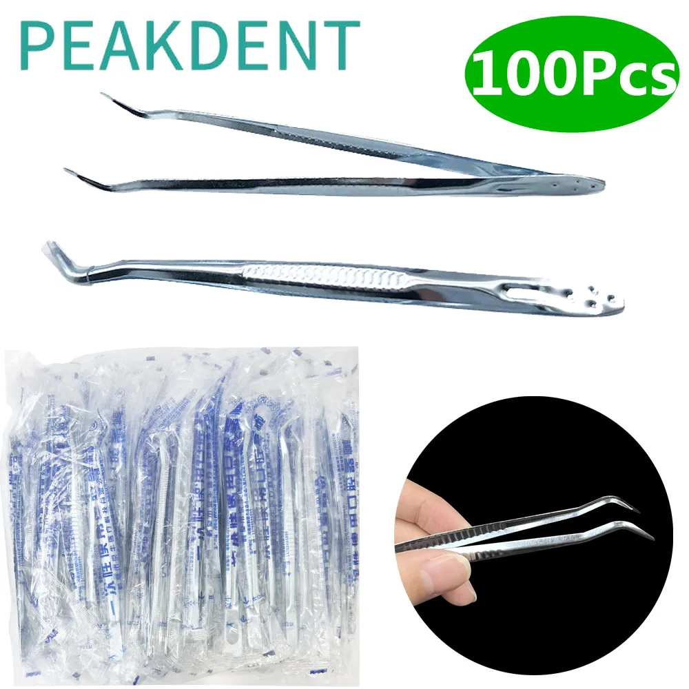 100Pcs Disposable Stainless Steel Dental Tweezers Dentistry Curved Tweezer Pincers Forcep Oral Care Tooth Examination Tools