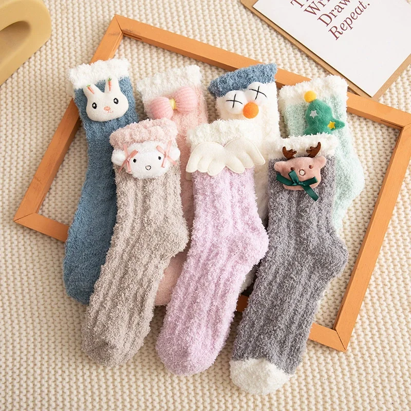 

7 Pairs Cute Cartoon Socks Autumn Winter Thicken Warm Soft Plush Women Socks Coral Fleece Thermal Homewear Floor Sleeping Socks