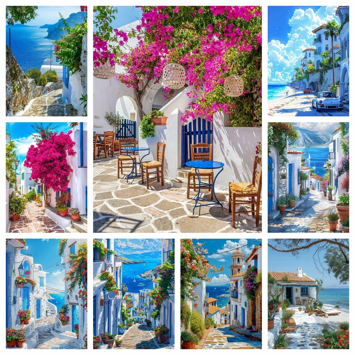 Belleza azul Grecia Santorini y Mykono isla paisaje DIY pintura de diamante 5d arte de taladro paisaje de mar Egeo decoración de punto de cruz