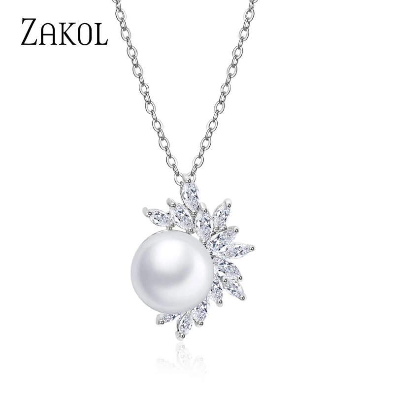 ZAKOL Fashion Cubic Zirconia & Pearl Leaf Pendant Necklaces Trendy Woman Wedding Engagement Party Jewelry FSNP078