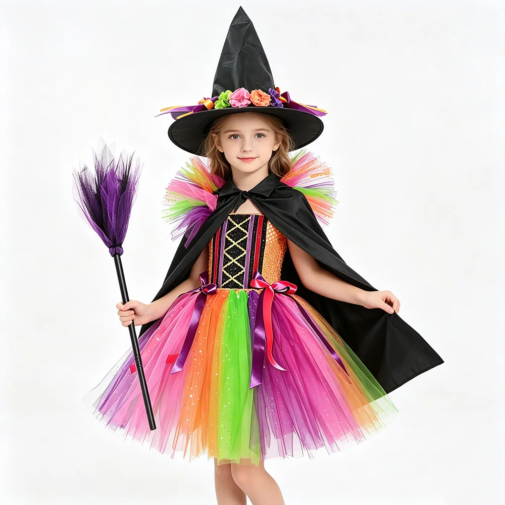 Kids Halloween Witch Costumes for Girls Sparkly Rainbow Tulle Tutu Dress Set with Witch Hat Cap Broom Children Carnival Outfit